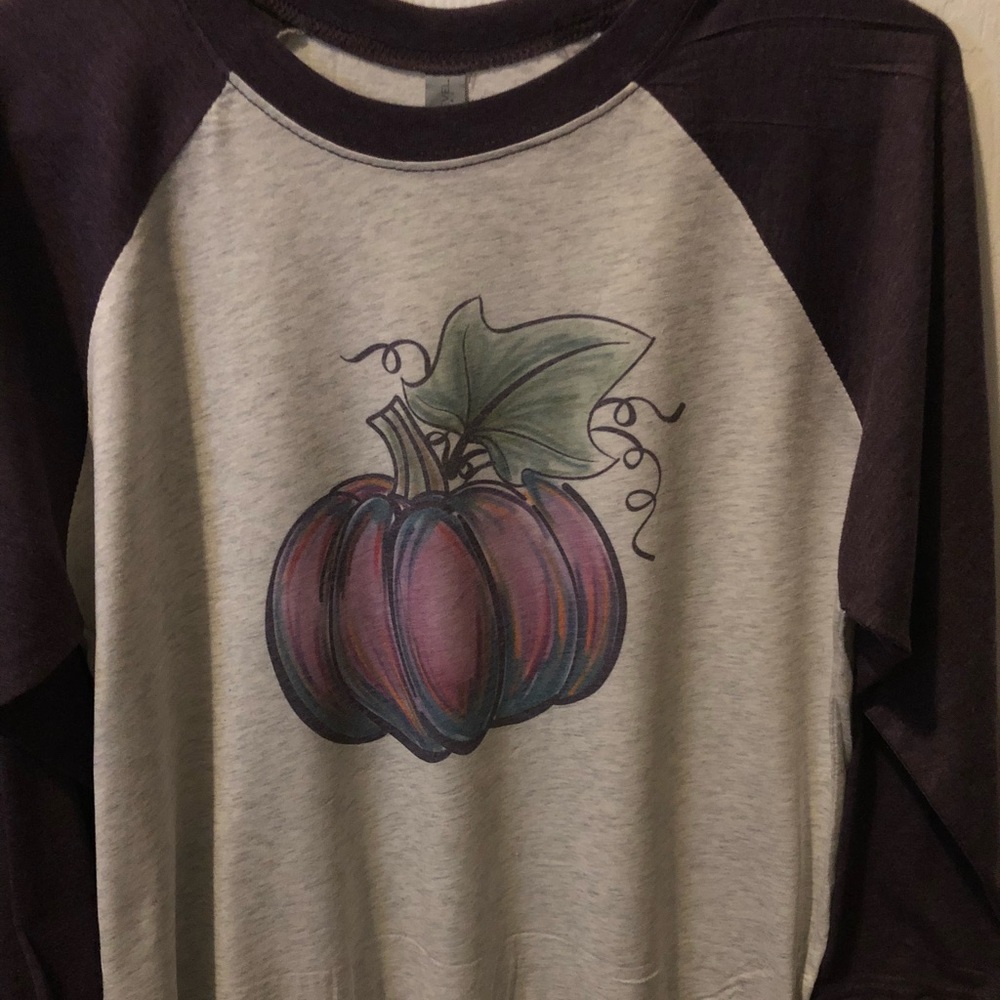 Medium pumpkin raglan. Purple sleeves!
